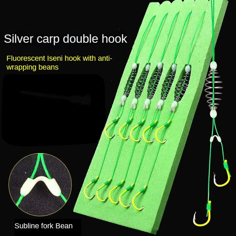 5PcsSetDoubleHookFishingLineStainlessSteelBarbedCarpHooks