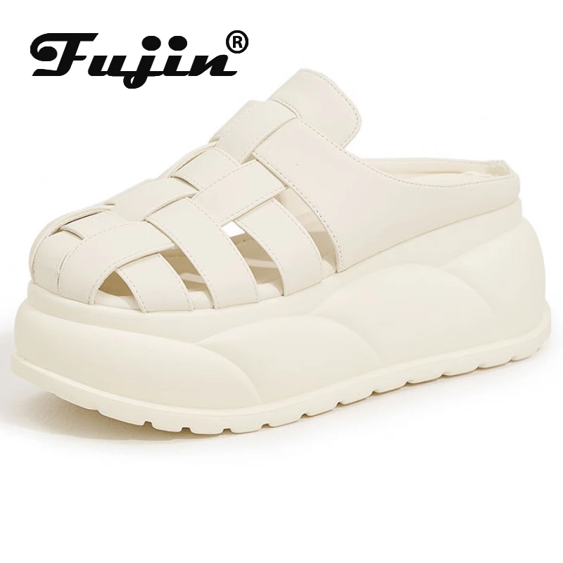 

Fujin 7.5cm Weave Microfiber Synthetic Leather Sandal Slippers Pumps Platform Wedge Flats Summer Peep Toe Fashion Women Shoes