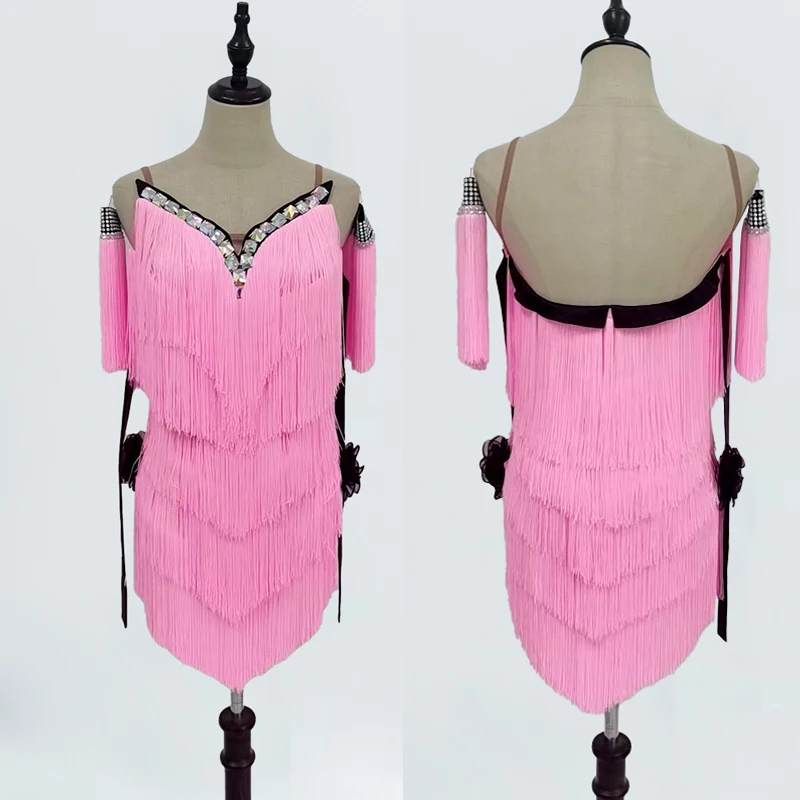

Latin Dance Competition Dress For Girls Professional Pink Fringed Dress Samba Chacha Rumba Latin Dance Performance Wear DN15741