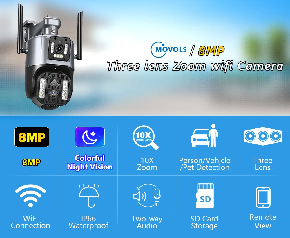 MOVOLS 8MP Three Lens WIFI IP Camera 10X Optical Zoom Outdoor PTZ Auto Tracking