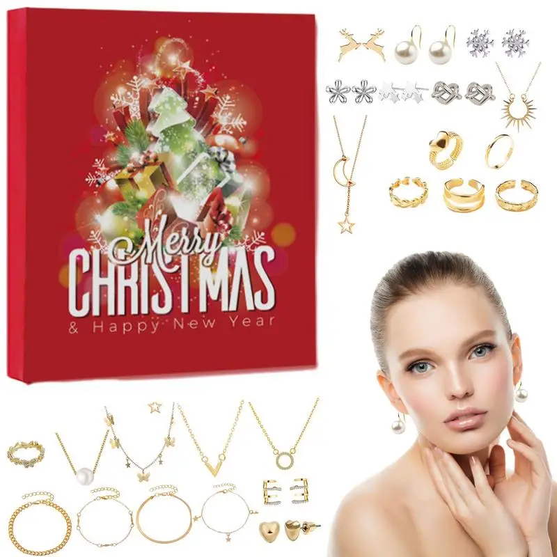 Christmas Countdown Calendar Christmas Advent Calendar 2023 For Kids Jewelry Box 8 Earrings 6 Rings 6 Necklaces 4 Bracelets