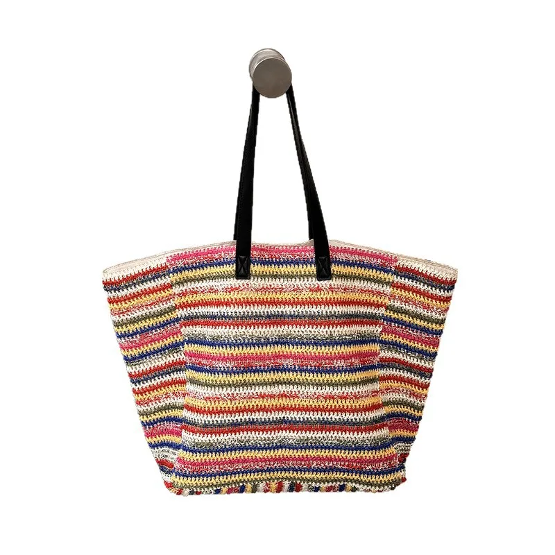 Straw Fabric Woven Design Women Tote Bags Rainbow Color Large Capacity Summer Beach Shoulder Shopper Bag Casual Commute Handbags