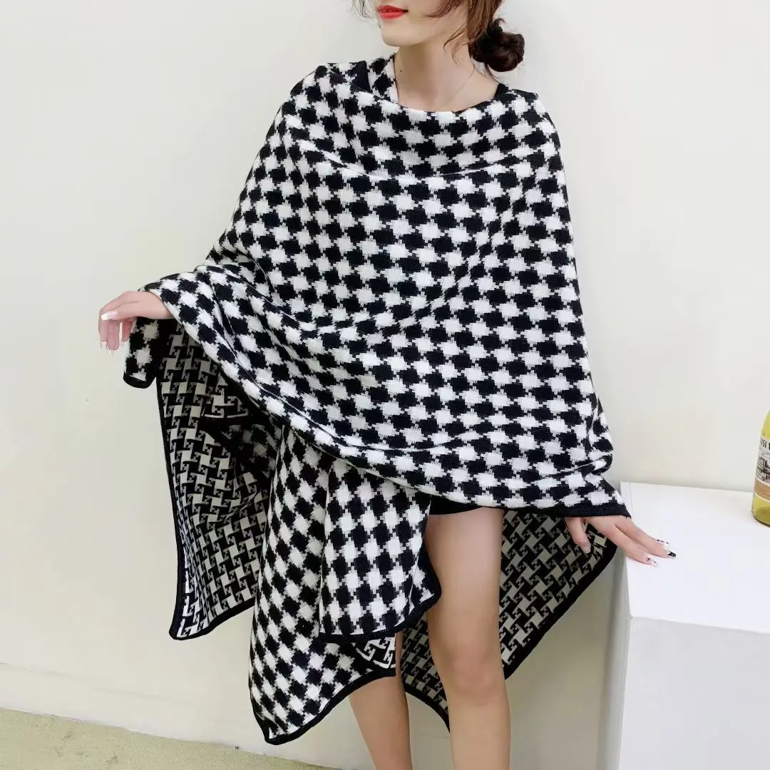 2020 Oversize Autumn Winter Long Knitted Poncho Women Houndstooth Designer Female Two Side Black White Plaid Out Street Wear houndstooth men suits white