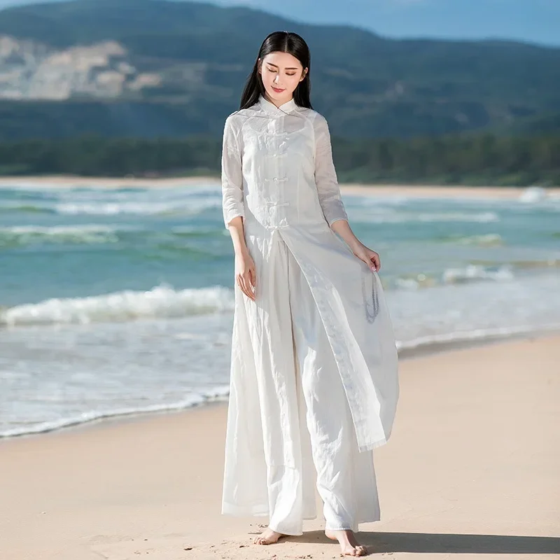 

Cotton Linen Traditional Chinese Clothing Hanfu Women Tang Suit Ethnic Cheongsam Two Piece Sets Qipao Dress Wide Leg Pants 12028