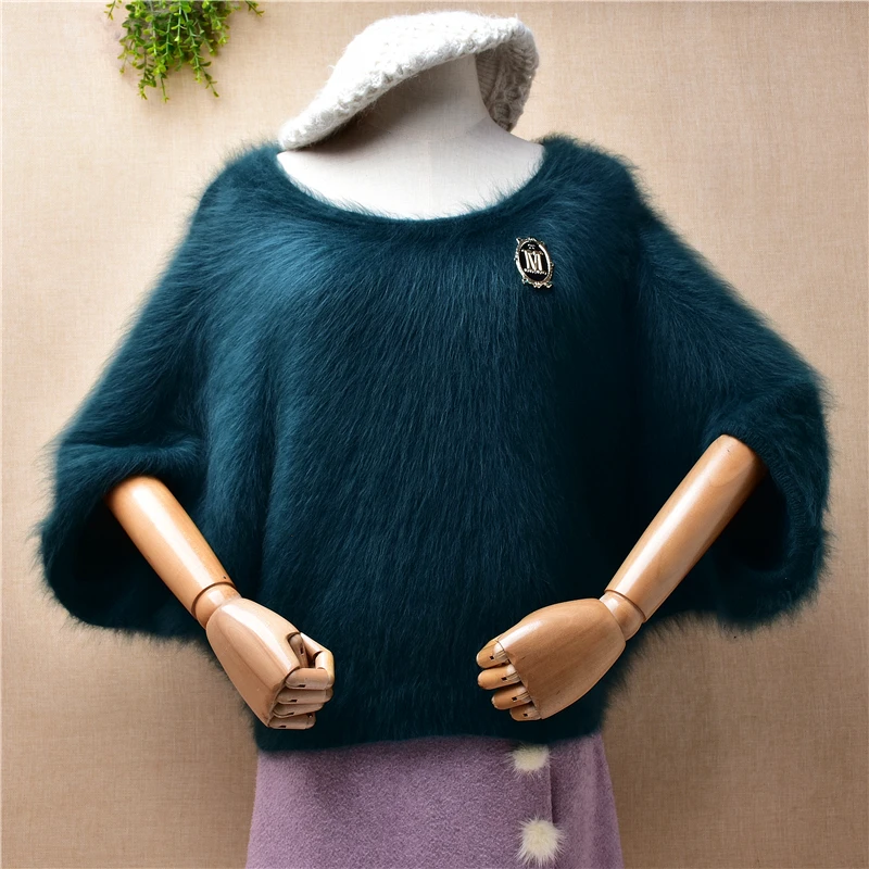 

04 Ladies Women Fall Winter Clothing Hairy Mink Cashmere Knitted Half Sleeves O-Neck Loose Pullover Sweater Jumper Pull Tops