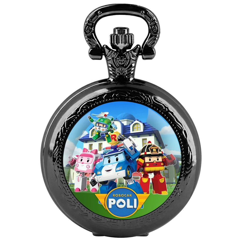 Cartoon Glass Dome Black Quartz Pocket Watch with Arabic Numerals Dial and Durable Chain Gift for Men Women