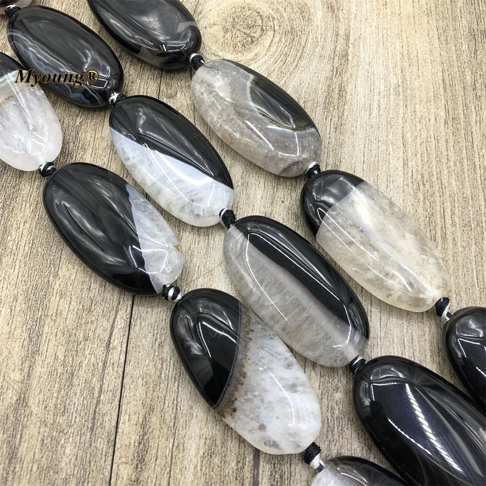 대형 타원형 천연 흑백 마노 쿼츠 슬라이스 펜던트 비즈, DIY 쥬얼리 제작용, 20x40mm, 9 개/몫 MY221202
