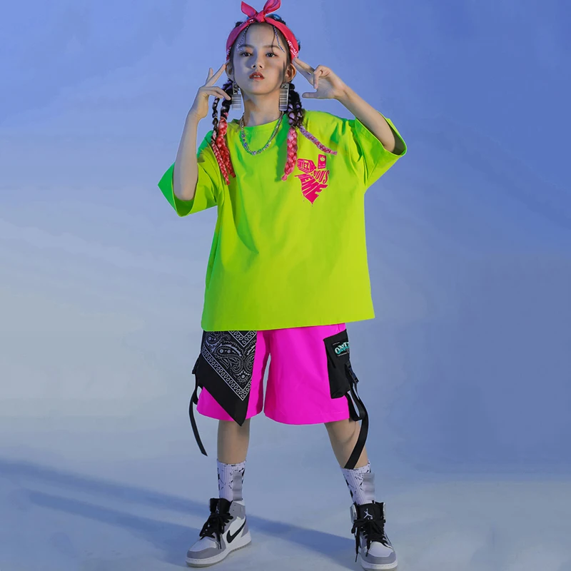 Kid Hip Hop Dance Clothes Boys Green T-Shirt Loose Summer Jogger Street Dancewear Girls Jazz Practice Performance Costume BL8662