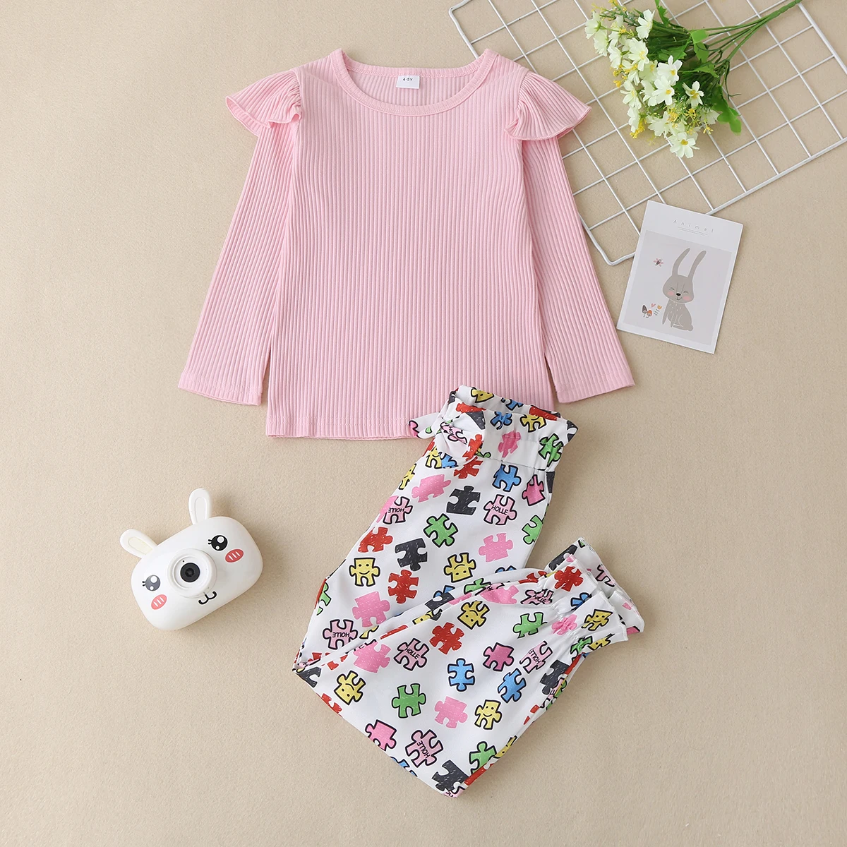 

Girls' Clothing Set Round Neck Long Sleeve Solid Simple T-shirt Printed Pants Two Piece Set