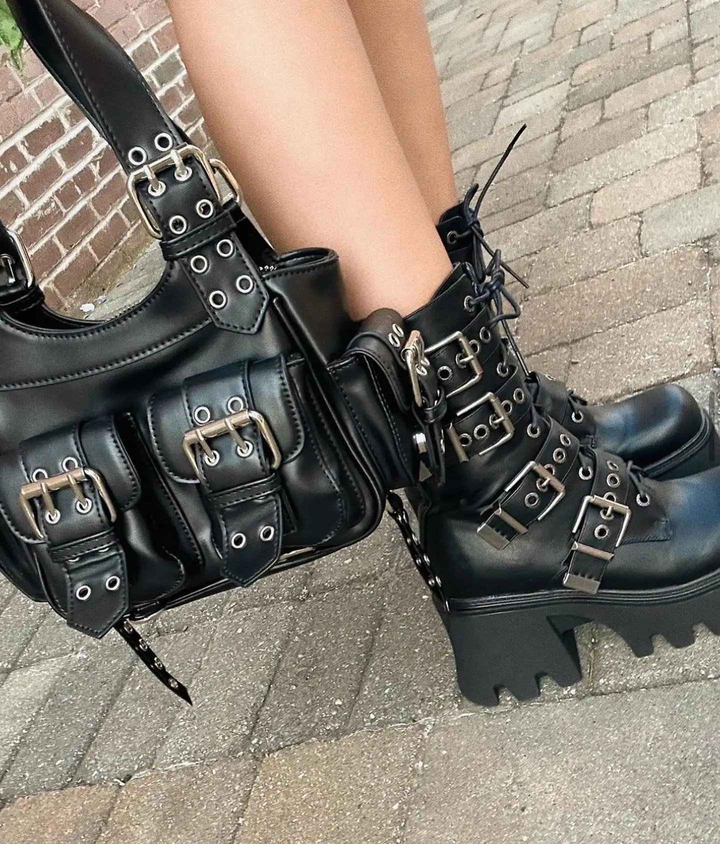 

2023 Women Goth Winter 39 Combat Studded Punk Chunky Knee High Heels Round Head Platform Leather Y2k Boots Ladies Shoes On Offer