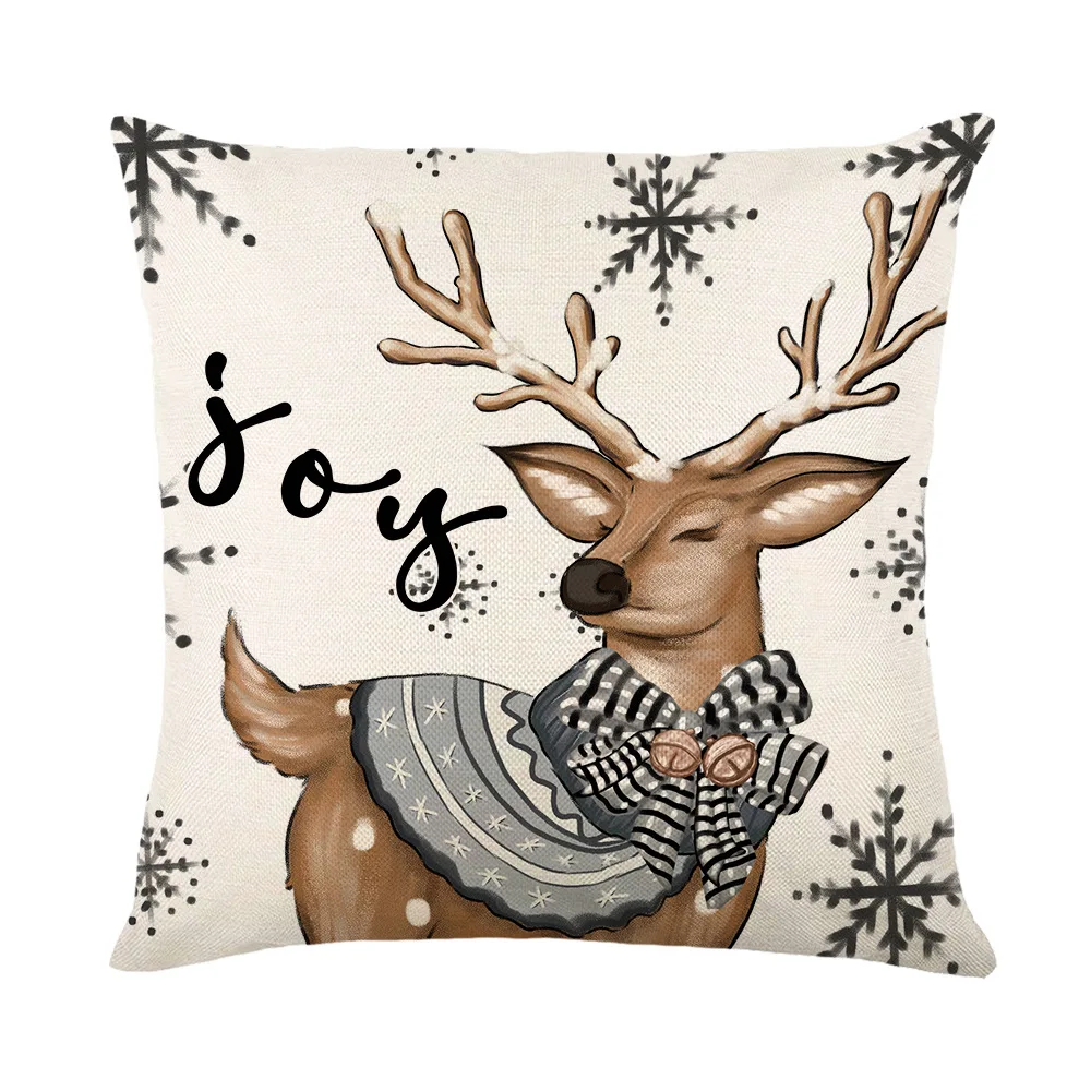Merry Christmas Winter Reindeer Print Throw Pillow Case 45×45cm Linen Pillowcase Decorations Home Decor Cushion Cover for Sofa