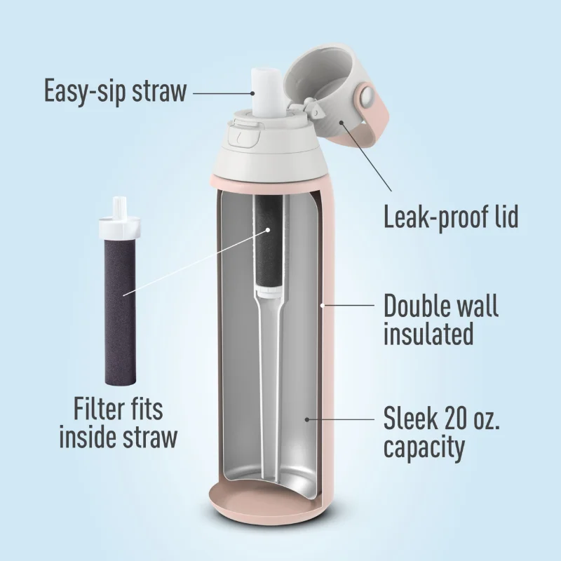 Brita 20 oz Rose Premium Stainless Steel Leak Proof Filtered Insulated  Water Bottle with Straw 