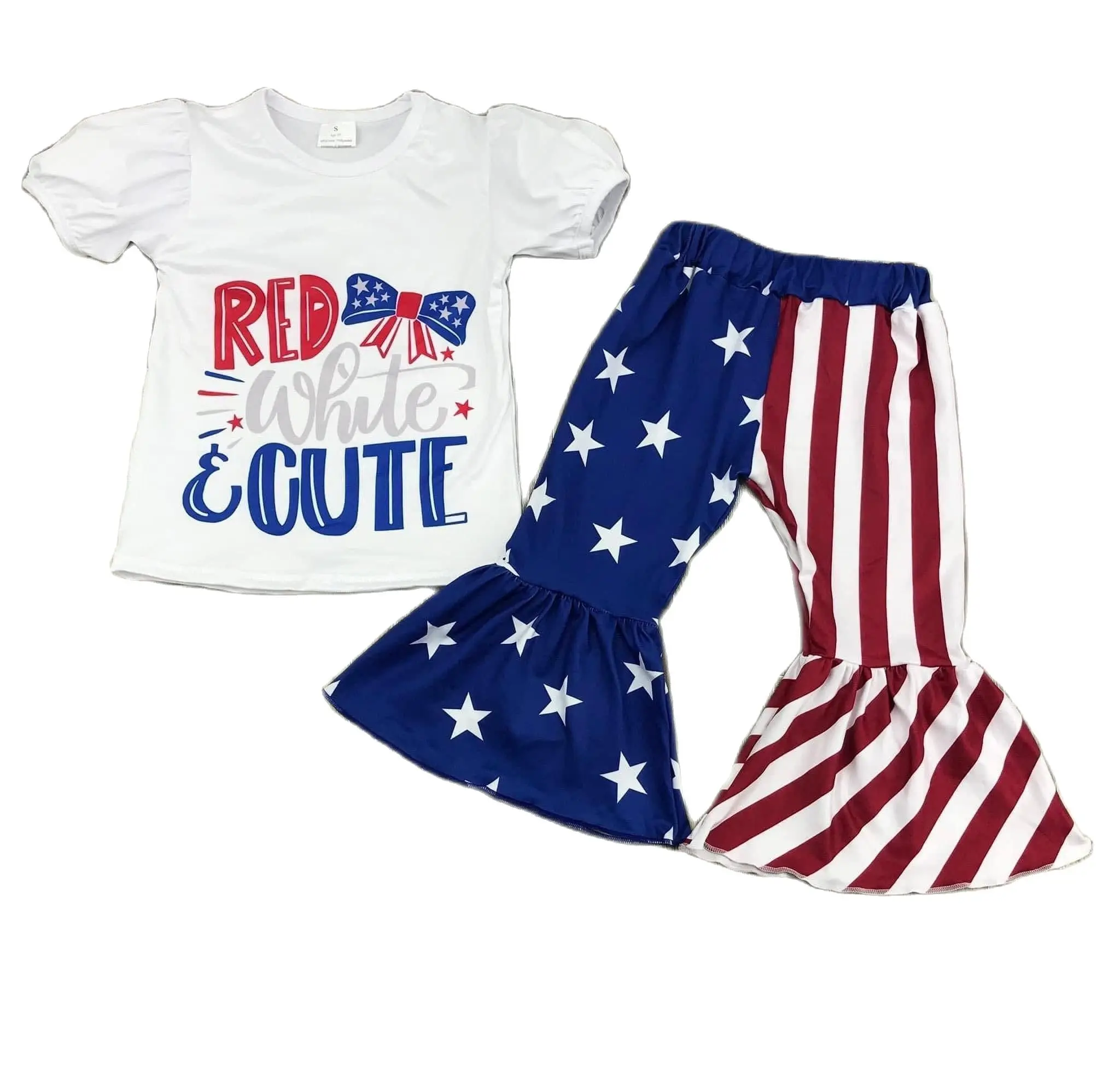 

New Toddler Girl 4th Of July Outfits Short Sleeve Letter Print T- shirt American Flag Bell Bottom Pants Clothes for girls set