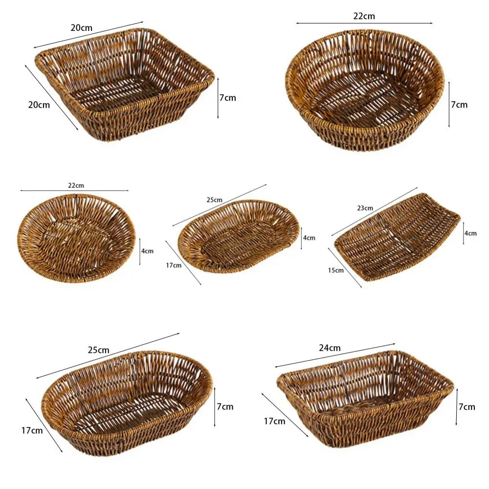 1Pcs Breakfast Bread Food Handwoven Rattan Basket Fruit Vegetable Cake Wicker Round Rectangular Shape Storage Tray 6
