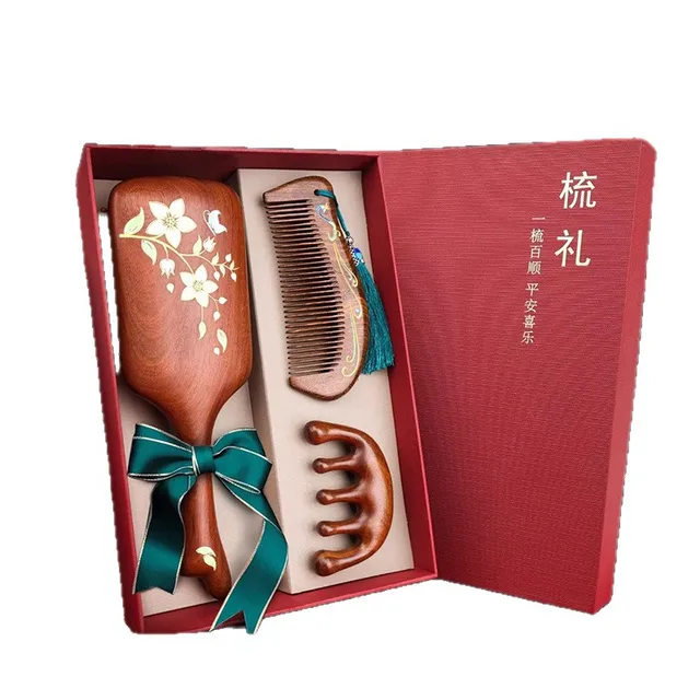 Natural Sandalwood Air Cushion Hair Brush Gift Set Wooden Comb Massage Paddle Brush for Women Mom Mother