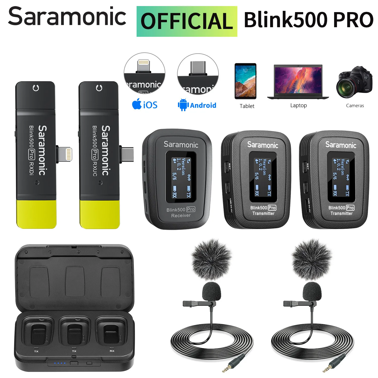Saramonic 무선 라발리에 라펠 마이크, 아이폰, 안드로이드, PC, 노트북, DSLR 카메라, 유튜브 녹화 스트리밍용, 블링크 500 프로