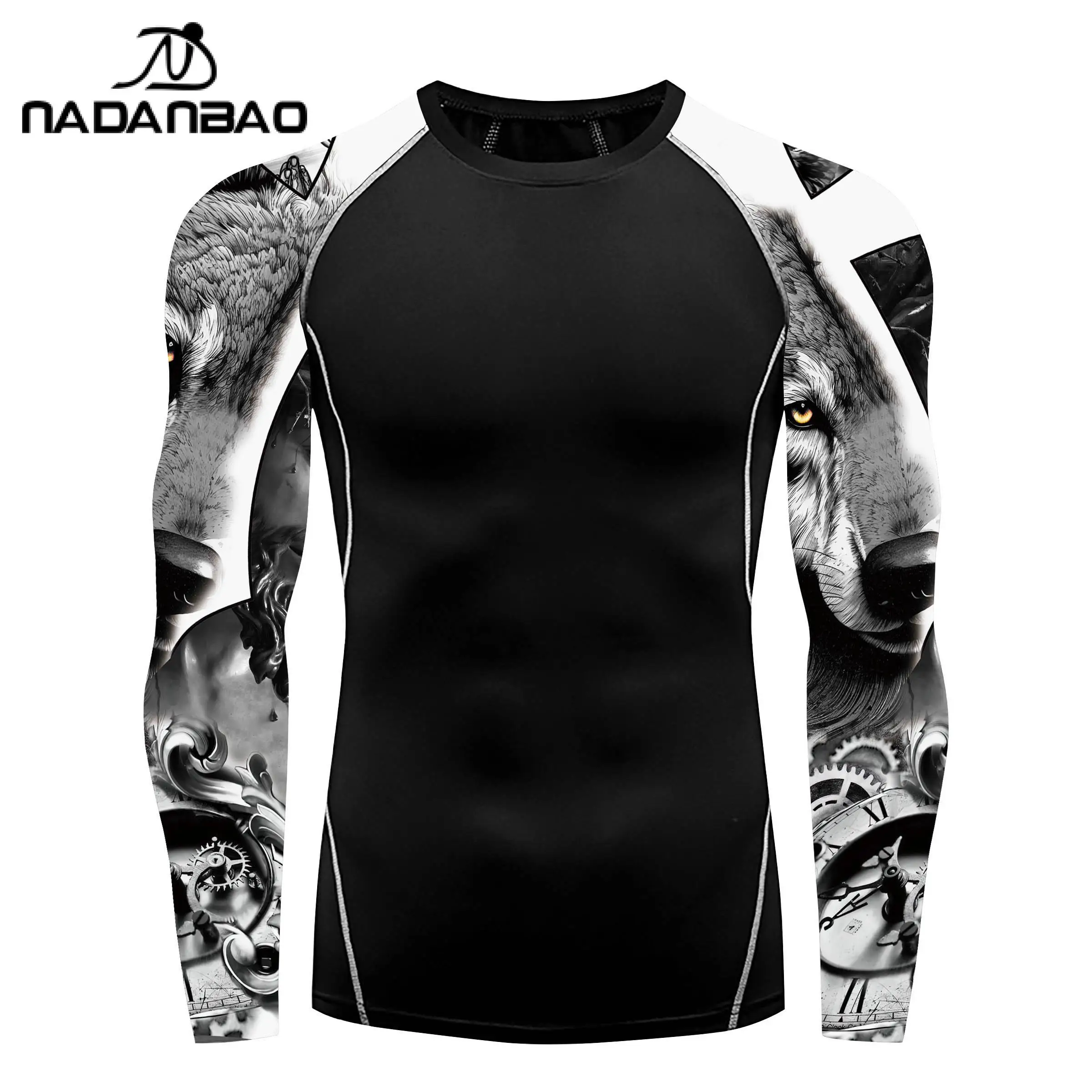 Nadanbao Men Long Sleeve Fashion Surfing Wetsuit Skull Print Fitness Swimsuits Beach Swimwear Black Surfing Beachwear Top