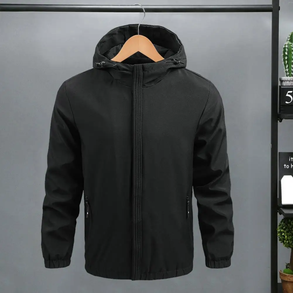 

Men Casual Hooded Trench Coat Long Sleeve Elastic Cuffs Zipper Placket Pockets Windbreaker Solid Color Outwear Streetwear