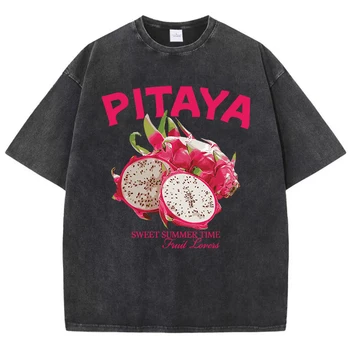 Vintage Woman Washed T-Shirts Fresh Pitaya Printing Tees Crewneck Distressed Cotton Oversize Short Sleeve Fashion Female Clothes