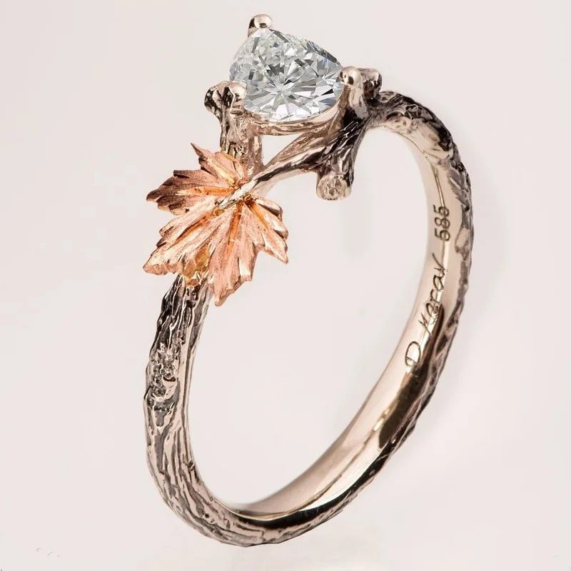 Twig and Leaf Engagement Ring, Gemstone Engagement Ring, Maple Leaf Ring