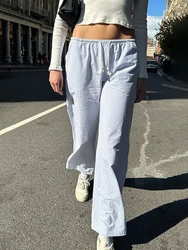 Vintage Striped Drawstring Sport Pants Women Autumn Cotton Casual High Waist Wide Leg Pants Female Streetwear Loose Trousers Y2k
