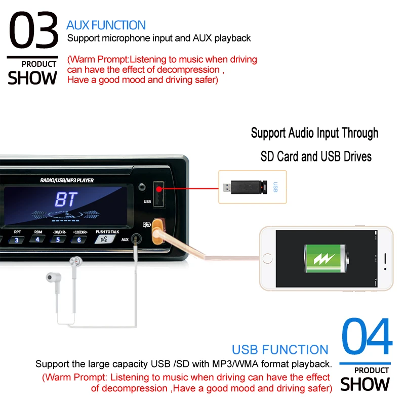 Autoradio Bluetooth 4 Canaux 60W Lecteur MP3 de Voiture Autoradio Plug-In U  Disk avec Fonction Vocale Intelligente Ai pour Voiture