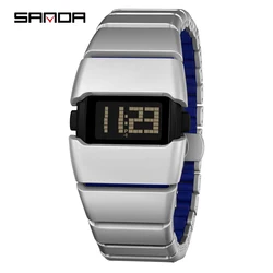 SANDA Y2K Retro Waterproof Night Light Digital Watch with Snooze Alarm and Stopwatch - Unisex (Silver - Blue)