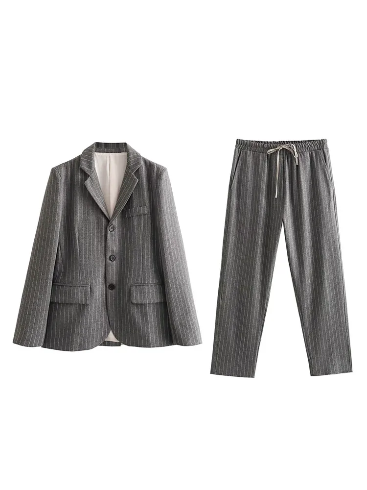

Women 2023 Winter New Fashion Single Breasted Pinstripe Blazer Coat Vintage Long Sleeve Female Outerwear Chic Tops