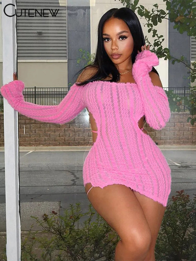 Cutenew-Off-Shoulder-Women-Mini-Dress-Knitted-Solid-Sexy-Backless-Long ...