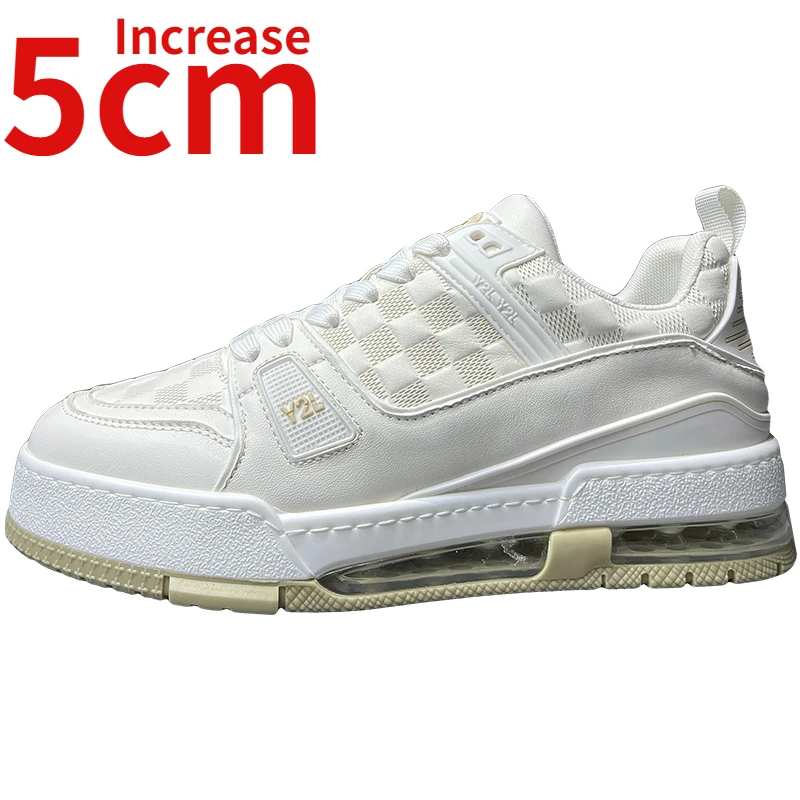 

European/American White Shoes Men Increased 5cm Ins Trendy Cushioning Insole Design Thick Soled Fashionable Casual Sports Shoes