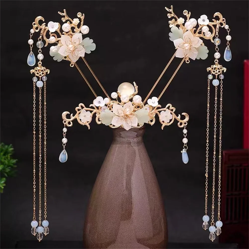 Chinese Style Pearl Crystal Hairpin Earring Set For Women Bride Party Hanfu Wedding Bridal Hair Accessories Jewelry Pin Band