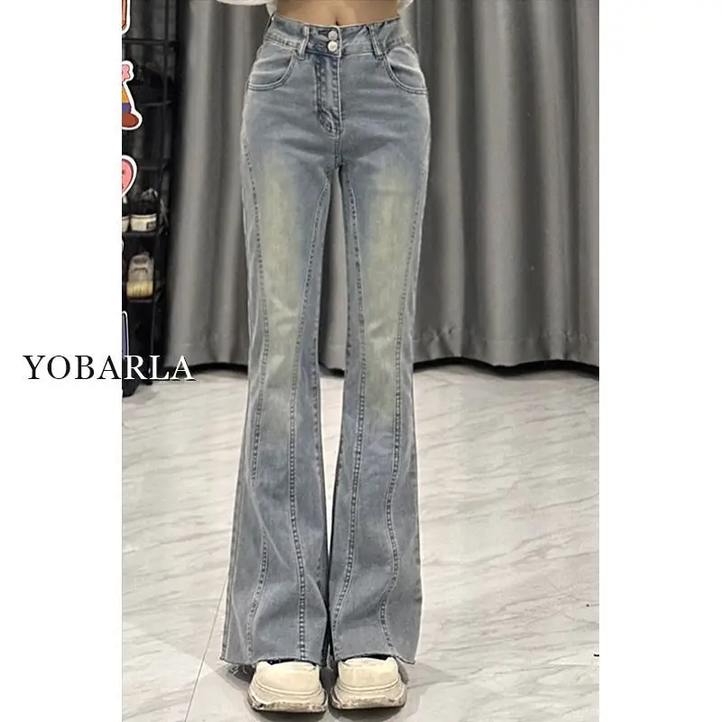 

Fashionable Retro Light Colored Micro Flared Jeans for Women's Spring and Autumn High Waisted Elastic Slim Wide Leg Pants