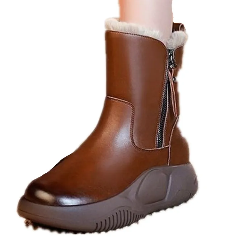 Thick Sole Side Zipper High Top Snow Boots for Women 2024 Winter Fashion Warm Women's Boots Brown Platform Shoes Ladies Shoes