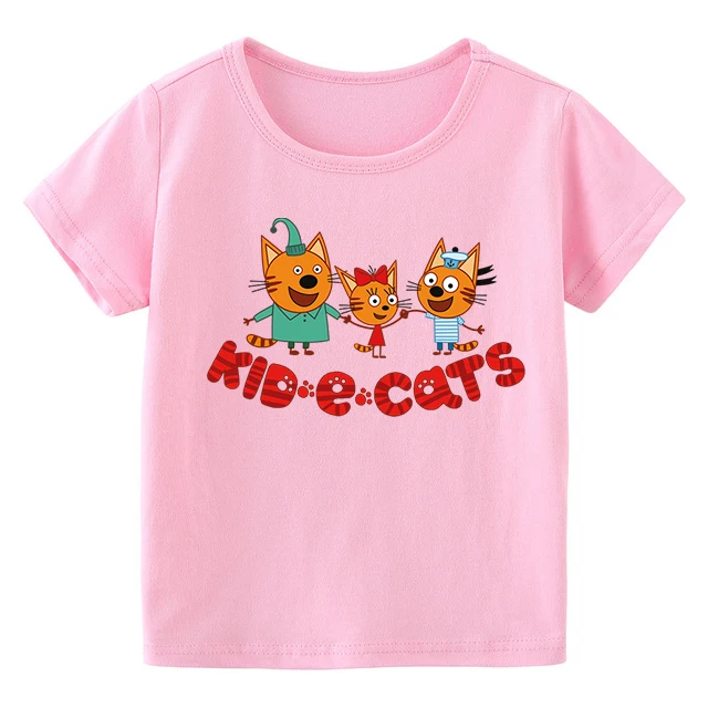 

100% Cotton Kid-e-cats Shirt Kids Cartoon Print T-Shirt Three Kitten Russian Baby Girl T Shirt Summer Children Tops Boys Clothes