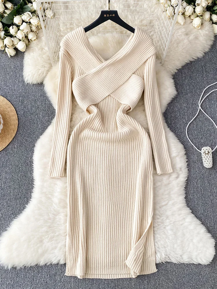 

Croysier Midi Dresses For Women 2023 Crossover V Neck Casual Ribbed Knitted Dress Long Sleeve Side Slit Elegant Party Dresss