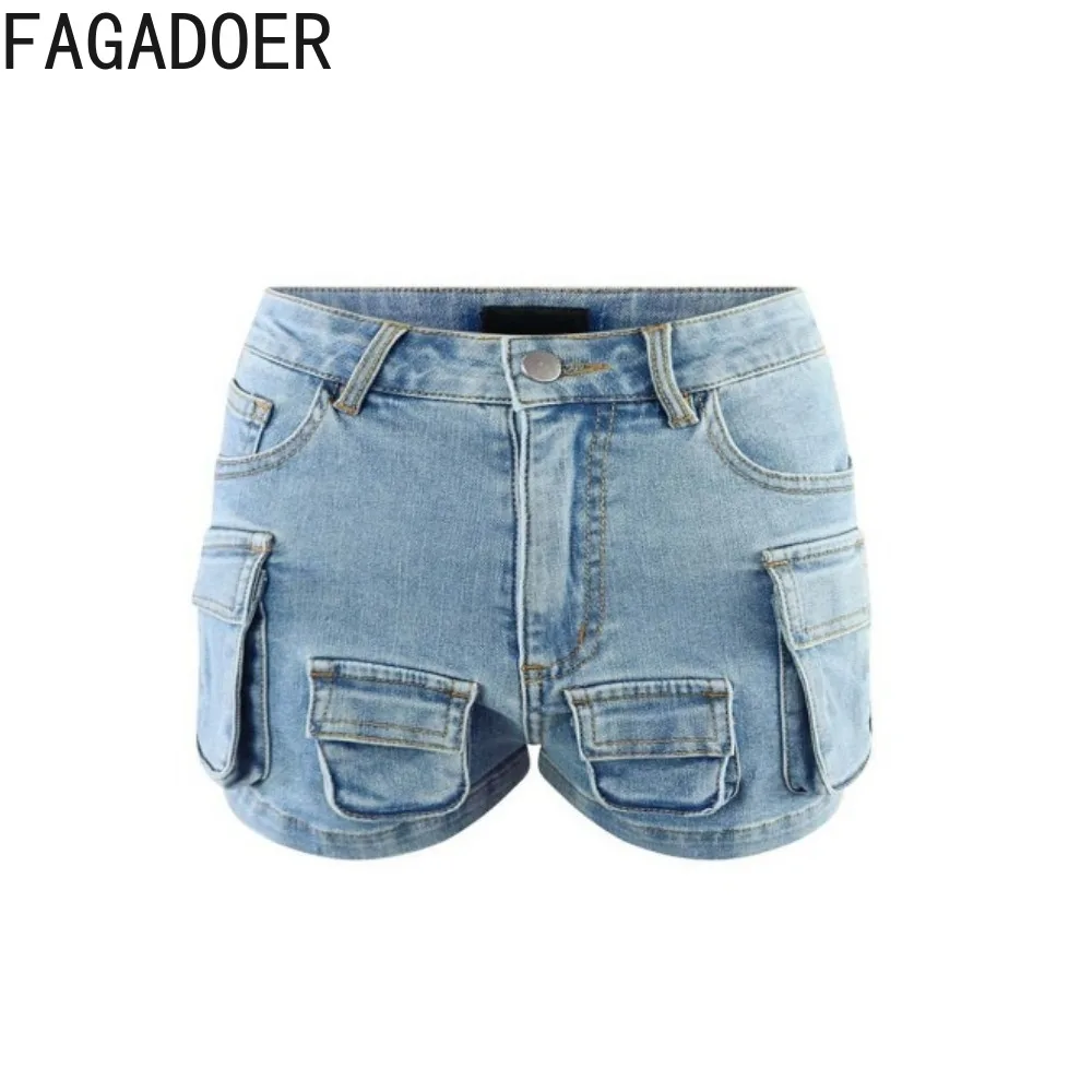 FAGADOER Blue Denim Fashion Pocket Cargo Shorts Women High Waist Button Jean Shorts Summer New Female Solid Cowboy Bottoms 2024