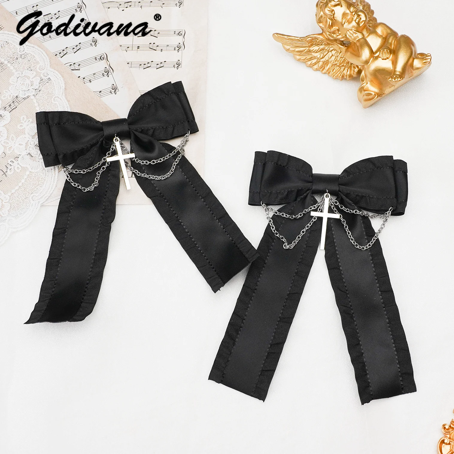Rojita Hand-Made Mine Gothic Style Lolita Sweet Cross Handmade Chain Brooch Headdress Clip Black Hair Clip Clothes Accessories