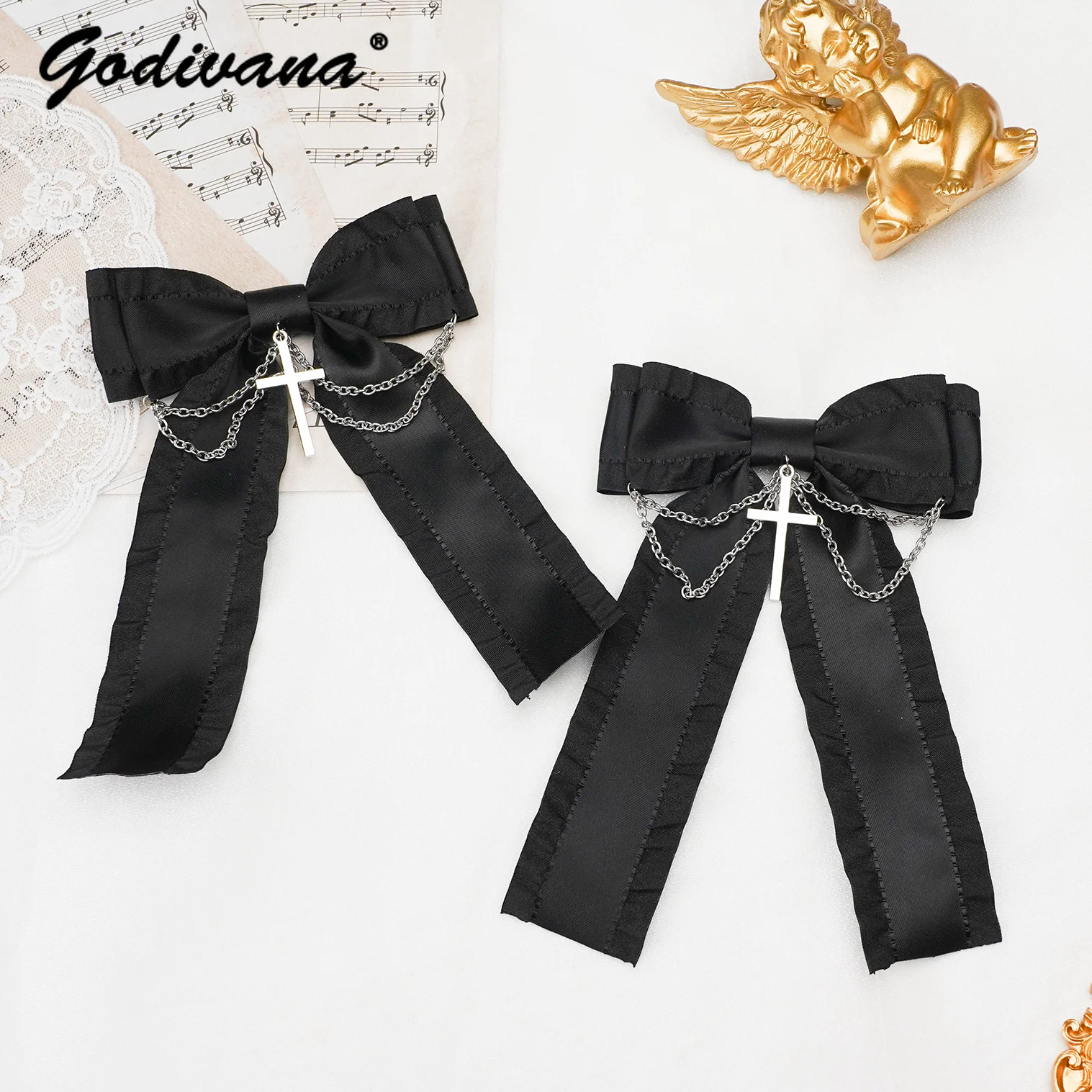 Rojita Hand-Made Mine Gothic Style Lolita Sweet Cross Handmade Chain Brooch Headdress Clip Black Hair Clip Clothes Accessories catholic for cross shape hairpins all match gothic alloy clips headdress antique silver hair clip for kids bangs hold dropship