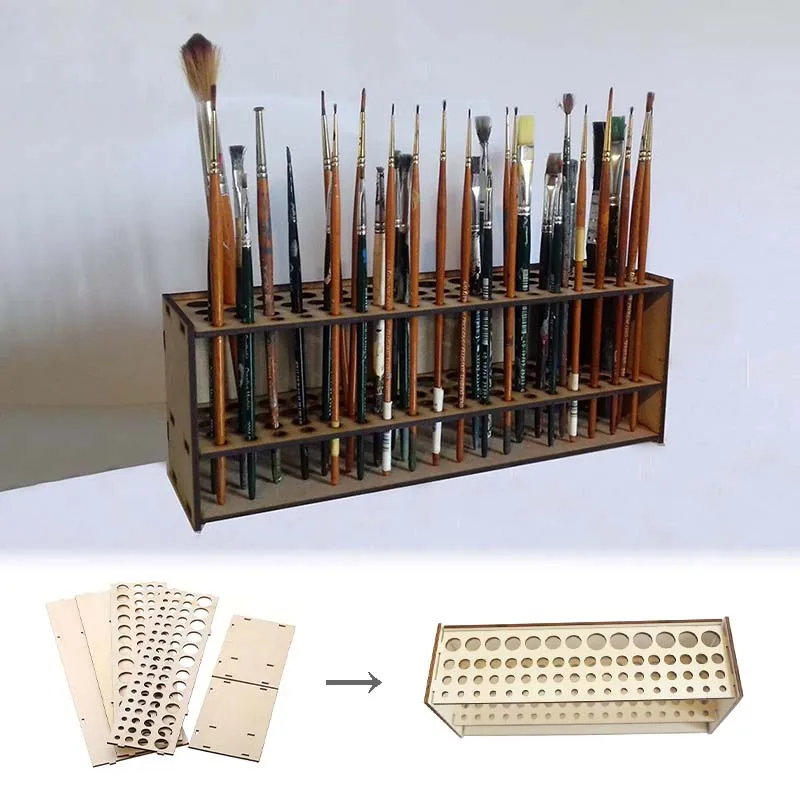 67 Holes Paintbrush Holder Stand Wooden Paint Brush Stand Desk Organizer Wall Mounted Makeup Brush Shelf For Painting Supplies