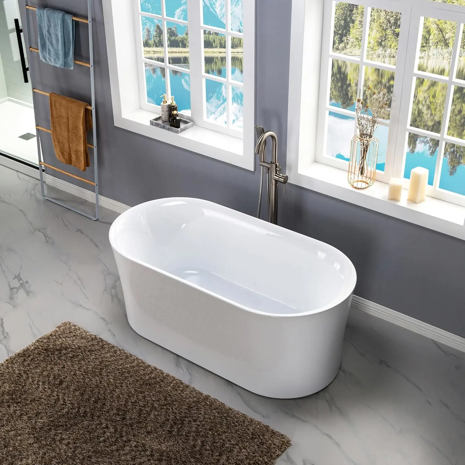 59" Acrylic Freestanding Bathtub Contemporary Soaking Tub with Matte Black Overflow and Drain White Tub