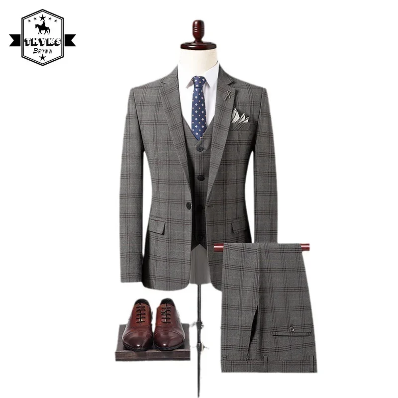 

( Jacket + Vest Pants ) Plaid Slim Suit 3piece Mens Retro Business Luxury Blazer Male British Style Groom Wedding Classic 3Pcs