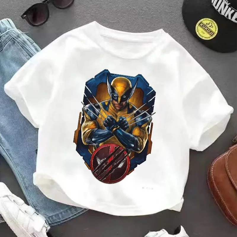 Deadpool & Wolverine White T-shirt Round Neck Loose Summer Clothing Comfortable Breathable Character Children Birthday Hot Gift 4
