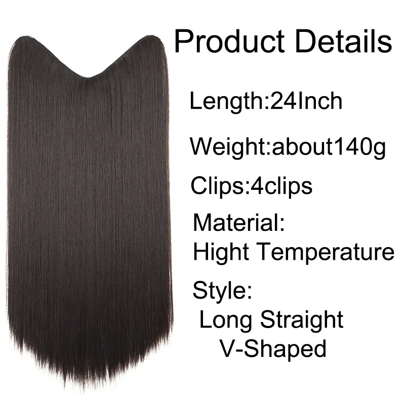 24Inch Synthetic Long Straight One Piece Hair Extension 4 Clips V-shaped Hairpiece for Women