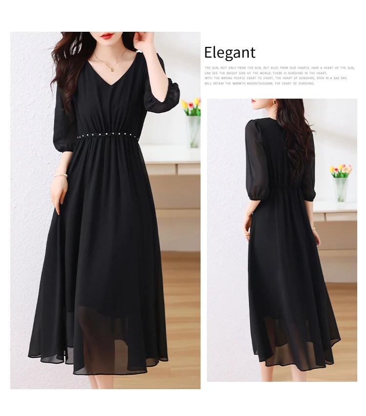 Black Chiffon Elegant Party Solid Long Vestido Women Elegant Prom Midi Clothes 2024 Summer Vintage Hepburn Evening Pleated Dress