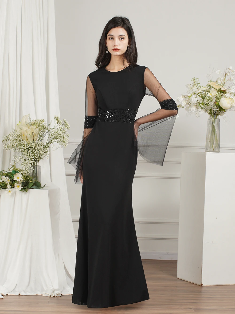 인어 스팽글 지퍼 업 이브닝 드레스, 바닥 길이 긴 소매, 웨딩 파티 원피스 