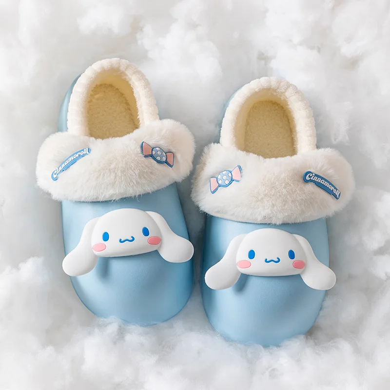 

Новые Симпатичные женские хлопковые тапочки с аниме Miniso Sanrios Kuromi Cinnamoroll My Melody, зимние водонепроницаемые теплые домашние туфли, рождественский подарок