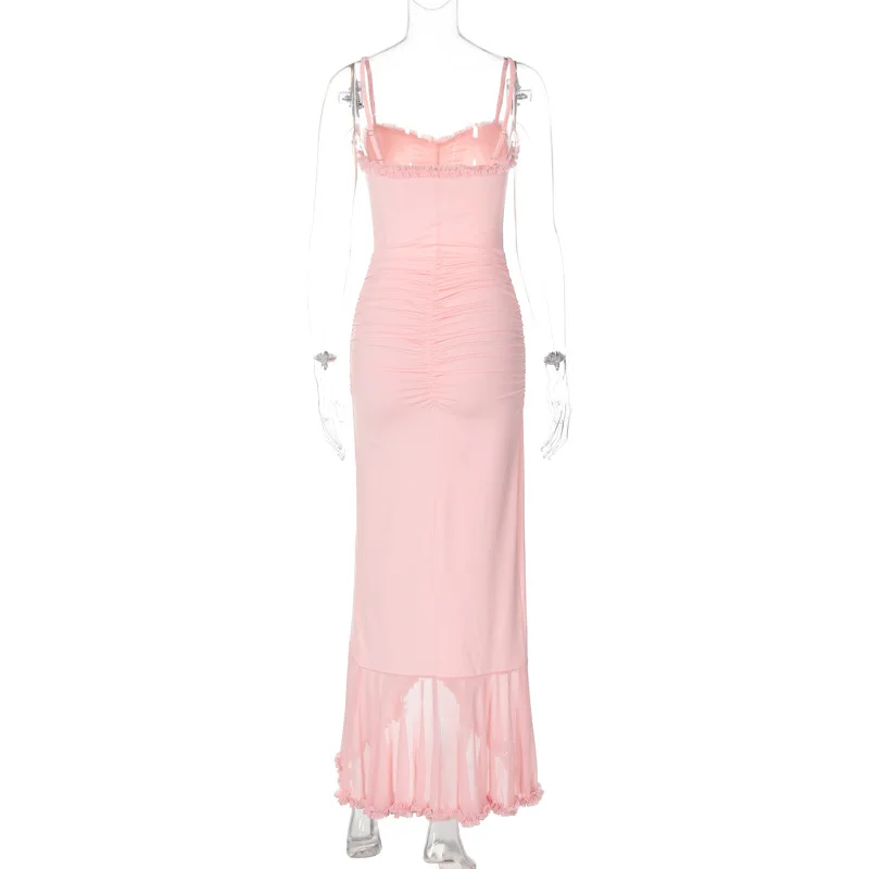 Sexy Hollow Suspender Maxi Dress For Women Mesh Lace Patchwork Irregular Solid Sleeveless Slim Spaghetti Strap Dress Woman