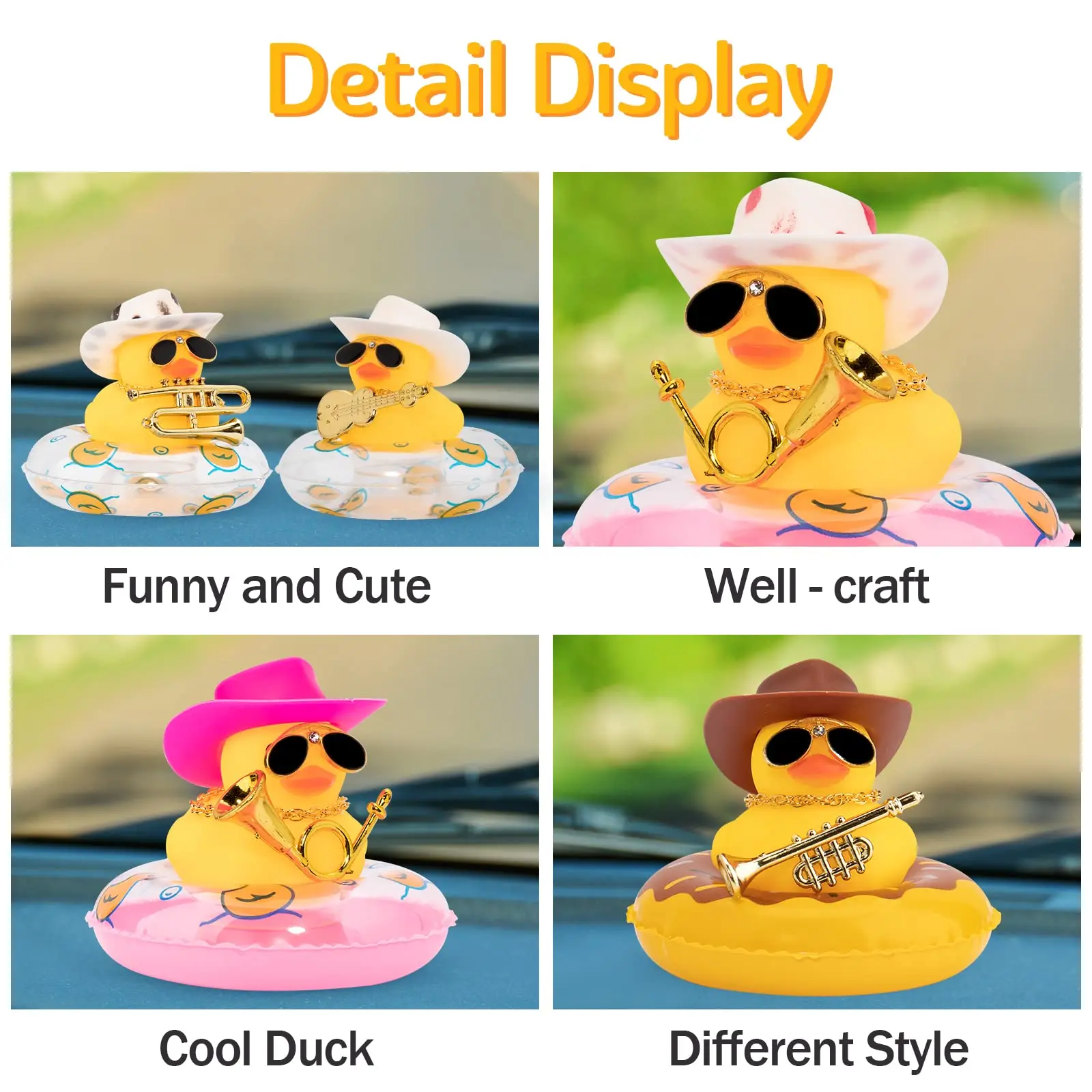 Car Duck Ornament Dashboard Decorations for Car Rubber Accessories with Sunglasses Hat Necklace Swim Ring and Mini Musical Instr 4