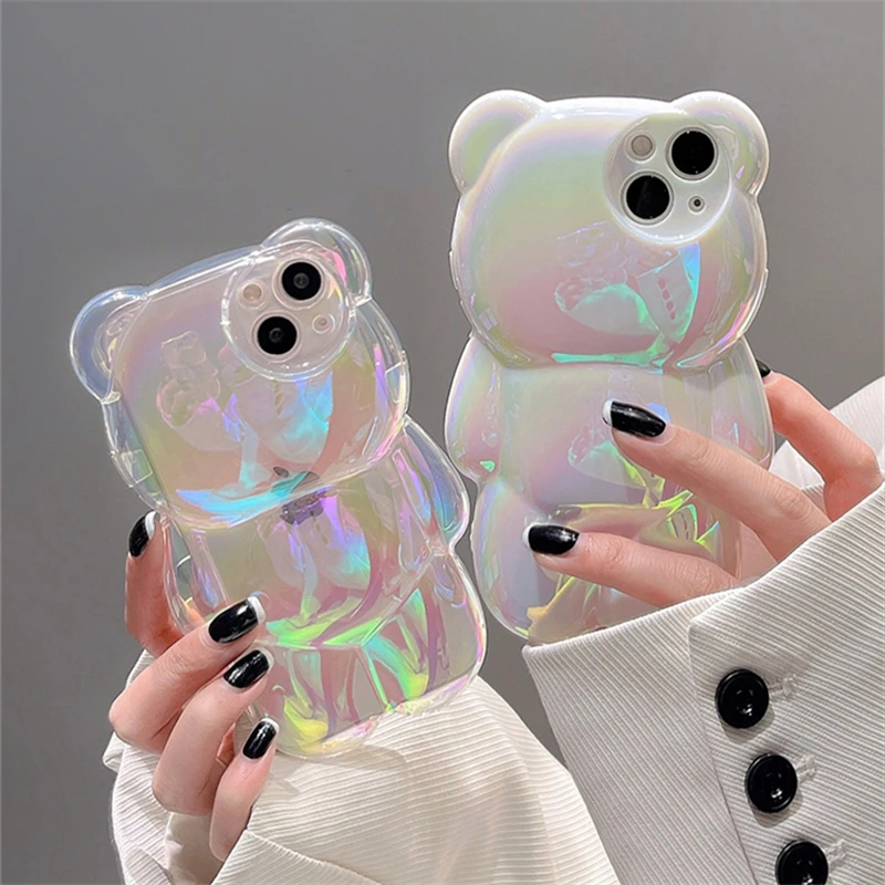 

Korea Bear Aurora Laser Clear Phone Case For iPhone 15 14 13 12 11 Pro Max Plus Luxury Cartoon Bear Clear Soft Silicone Cover