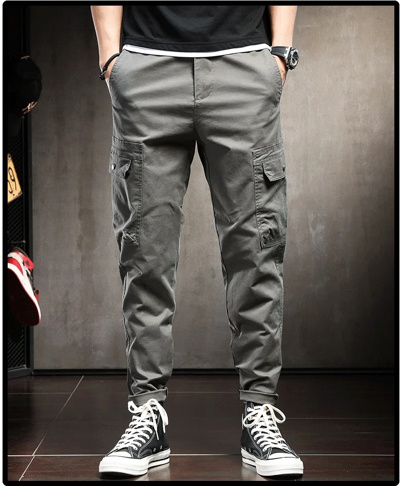 2022 Fashion Tactical Cargo Pants Men Casual Streetwear Hip Hop Khaki Cotton Straight Leg Trousers Black Gray 38 black cargo pants